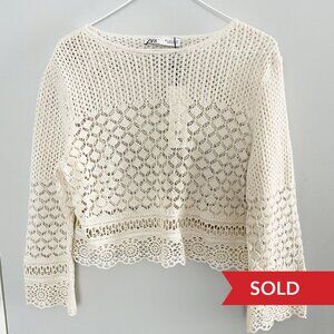 ZARA Crochet Crop Sweater Ivory Bell Sleeve Boho Fairycore Y2K Knit Top